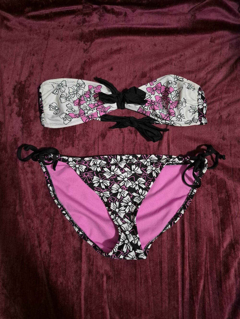 Y2k Floral Pink and Black Bandeau Bikini Set